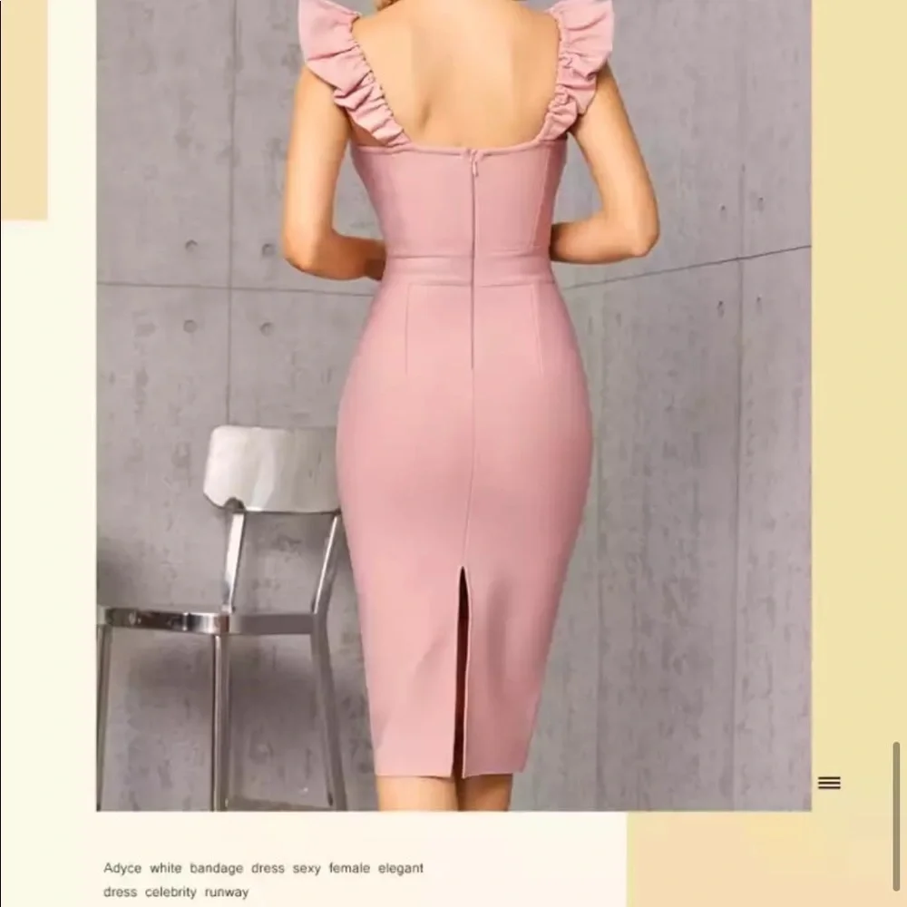 Pink Bodycon Bandage Dress For Summer Sexy Ruffles Sleeveless Midi v neck Size M